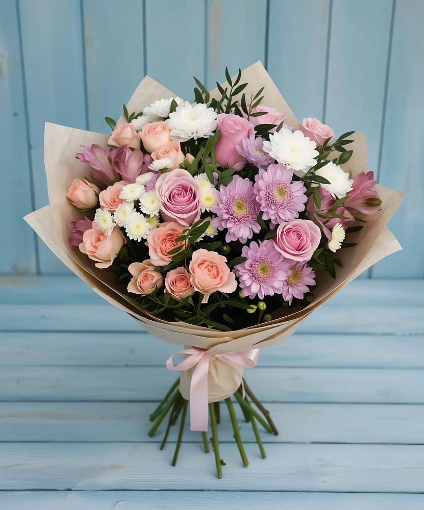 Букет цветов из: Хризантемы, Розы и Альстромерии в Северном Оренбургской области