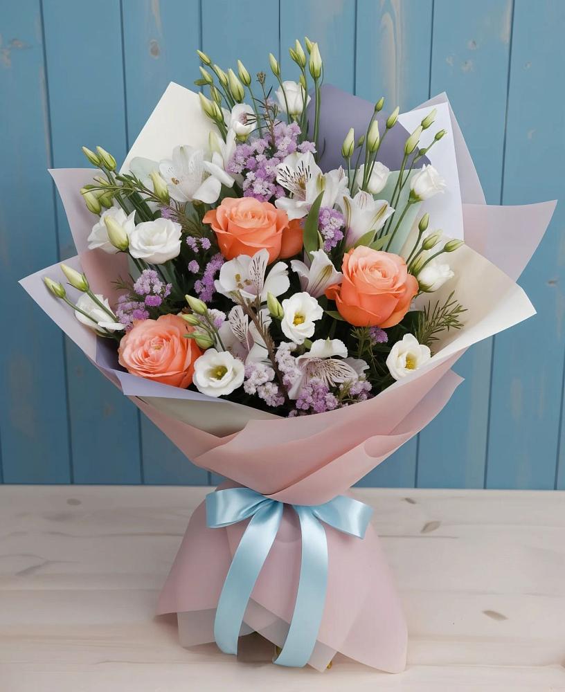 Букет цветов из: Лизиантусы, Розы, Альстромерии и Гипсофила в Северном Оренбургской области