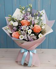 Букет цветов из:  Лизиантусы, Розы, Альстромерии и Гипсофила в Северном Оренбургской области