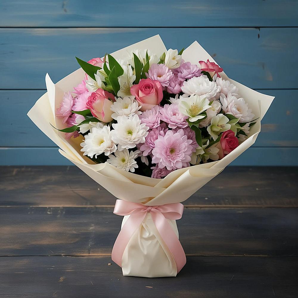 Букет цветов из: Хризантемы, Альстромерии и Розы в Северном Оренбургской области